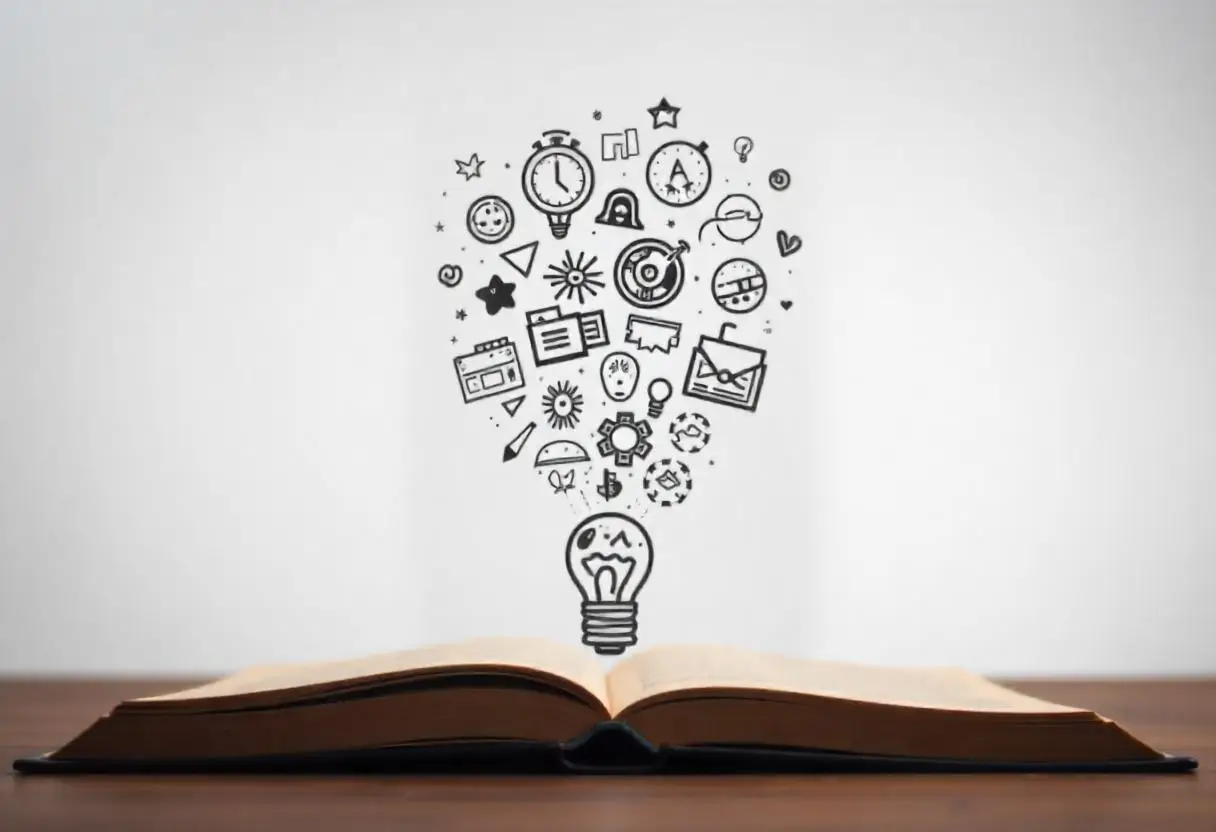 an open book with various handdrawn icons